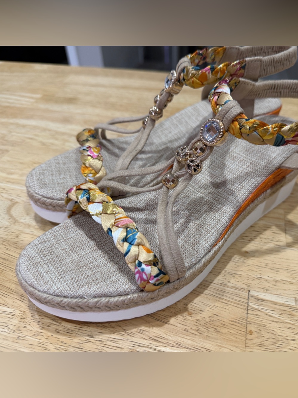 Womens Beige Braided Floral Strap Wedge Sandals NEW NEVER WORN